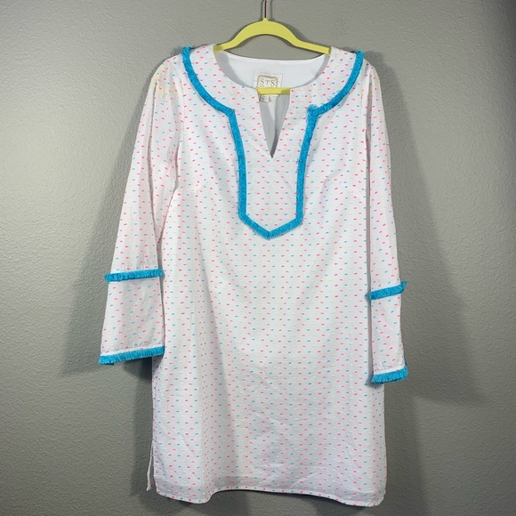 Sail to Sable White Neon Dot Fringe Boho Smock Dress M - Picture 2 of 7